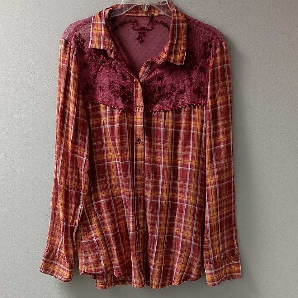 Plaid Button-Up Shirt with Lace Detail